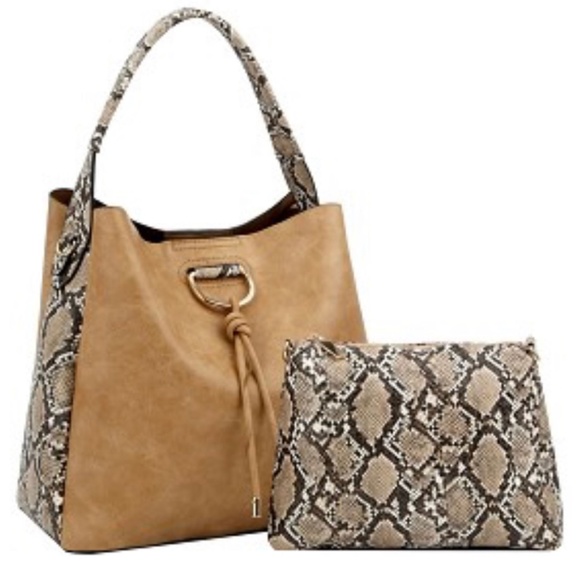Handbags - B28 ❤️ Tan Knot Accent Snake Print Hobo Tan Handbag Value Combo Set Purse Bag